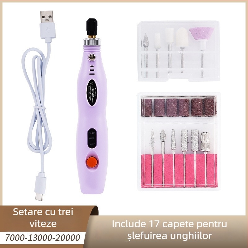 Aparat all-in-one pentru manichiură și polisare unghii, încărcare USB, dispozitiv electric portabil, plastic + oțel inoxidabil, 356 g