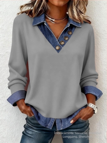 Top tricot patchwork cu decolteu în V, mâneci lungi, croială lejeră, material poliester-spandex