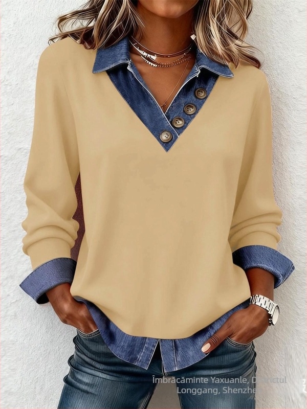Top tricot patchwork cu decolteu în V, mâneci lungi, croială lejeră, material poliester-spandex