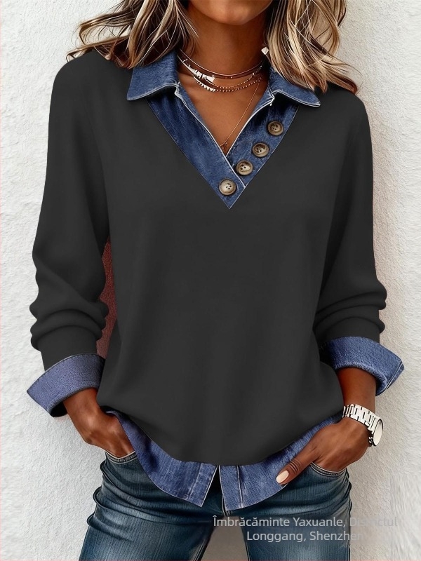 Top tricot patchwork cu decolteu în V, mâneci lungi, croială lejeră, material poliester-spandex