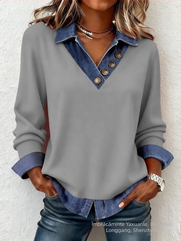 Top tricot patchwork cu decolteu în V, mâneci lungi, croială lejeră, material poliester-spandex