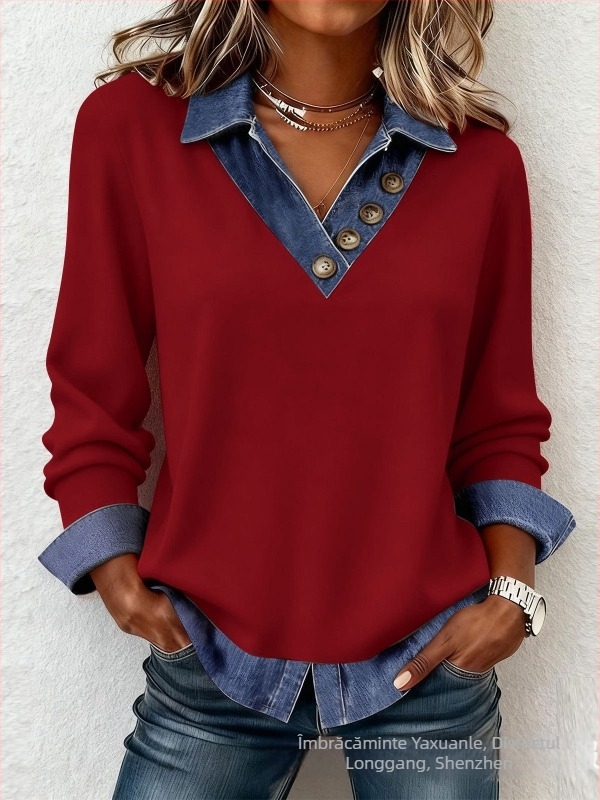 Top tricot patchwork cu decolteu în V, mâneci lungi, croială lejeră, material poliester-spandex