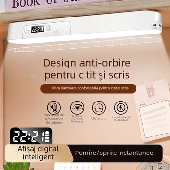 Yanoming Lampă de birou LED cu protecție a ochilor, ceas, bază magnetică, reîncărcabilă pentru cămine studențești