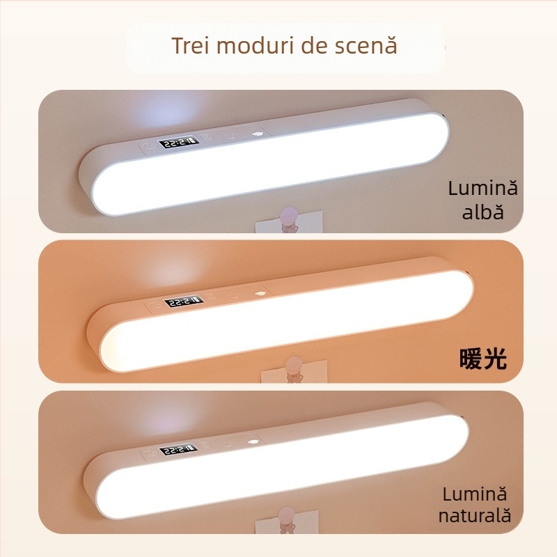 Yanoming Lampă de birou LED cu protecție a ochilor, ceas, bază magnetică, reîncărcabilă pentru cămine studențești