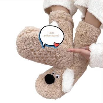 Șosete antialunecare pentru femei, model animal, din poliester, lungime mid-calf, căptușite cu velur coral, calde și absorbante de transpirație