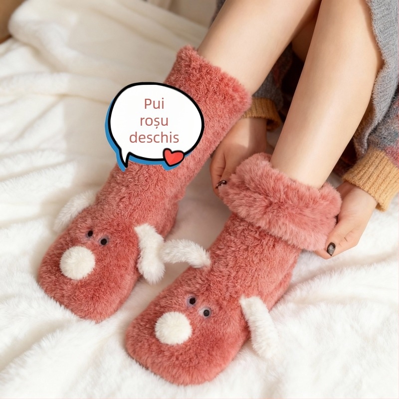 Șosete antialunecare pentru femei, model animal, din poliester, lungime mid-calf, căptușite cu velur coral, calde și absorbante de transpirație