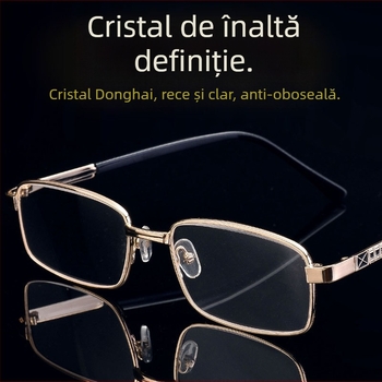 Ochelari de citit, ramă metalică completă, lentile din material natural, design geometric, modelul 8016