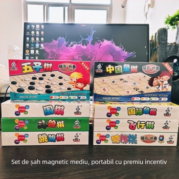 Set pliabil de jocuri de masă cu magneți: șah, Go, Gomoku, Dame și Flying Chess; Material: Plastic; Ambalaj: Cutie color; Categorie vârstă: 4–14 ani; Joc educativ; Include videoclip ghid