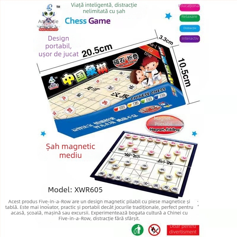Set pliabil de jocuri de masă cu magneți: șah, Go, Gomoku, Dame și Flying Chess; Material: Plastic; Ambalaj: Cutie color; Categorie vârstă: 4–14 ani; Joc educativ; Include videoclip ghid