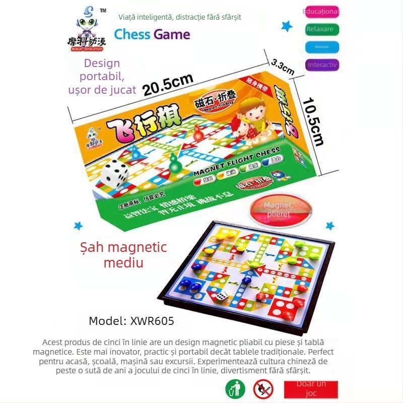 Set pliabil de jocuri de masă cu magneți: șah, Go, Gomoku, Dame și Flying Chess; Material: Plastic; Ambalaj: Cutie color; Categorie vârstă: 4–14 ani; Joc educativ; Include videoclip ghid