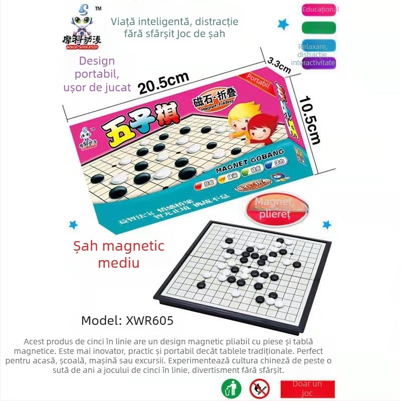 Set pliabil de jocuri de masă cu magneți: șah, Go, Gomoku, Dame și Flying Chess; Material: Plastic; Ambalaj: Cutie color; Categorie vârstă: 4–14 ani; Joc educativ; Include videoclip ghid