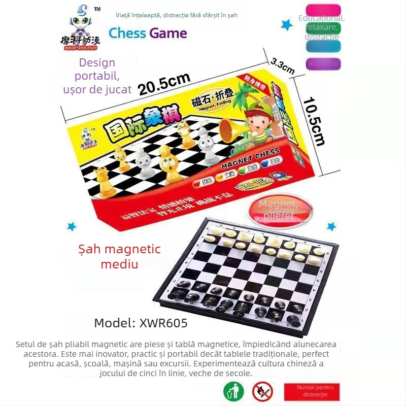 Set pliabil de jocuri de masă cu magneți: șah, Go, Gomoku, Dame și Flying Chess; Material: Plastic; Ambalaj: Cutie color; Categorie vârstă: 4–14 ani; Joc educativ; Include videoclip ghid