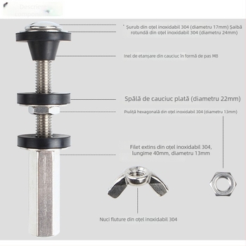 Șurub de conectare a rezervorului de toaletă cu garnitură din cauciuc – oțel inoxidabil 304, montaj manual