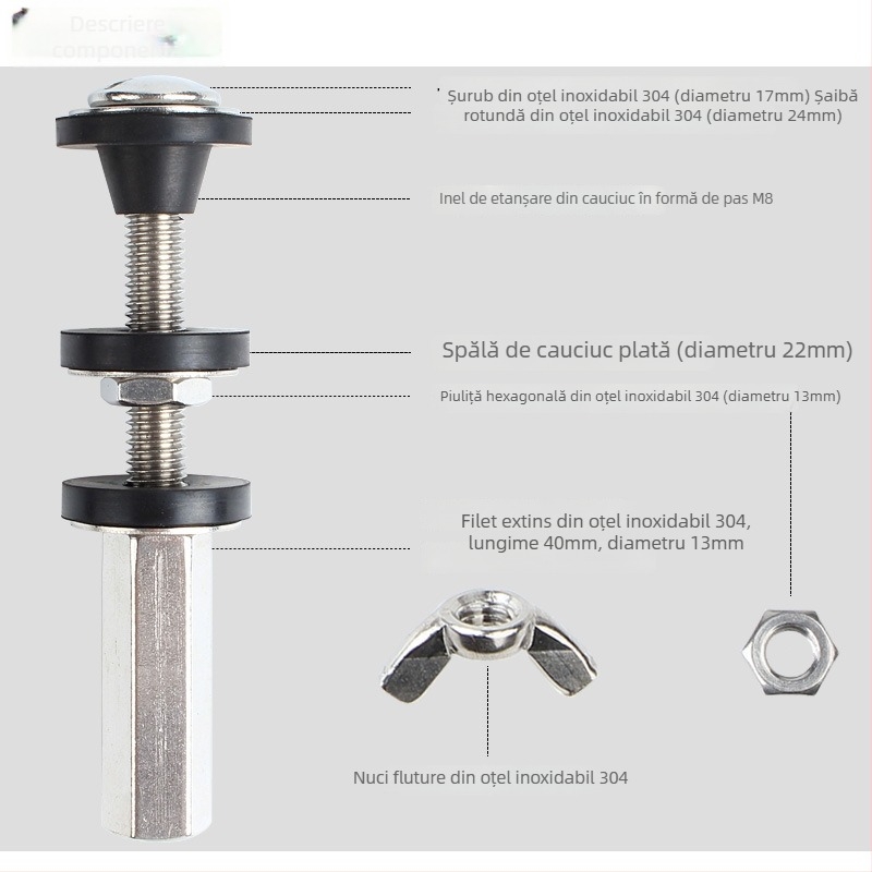 Șurub de conectare a rezervorului de toaletă cu garnitură din cauciuc – oțel inoxidabil 304, montaj manual