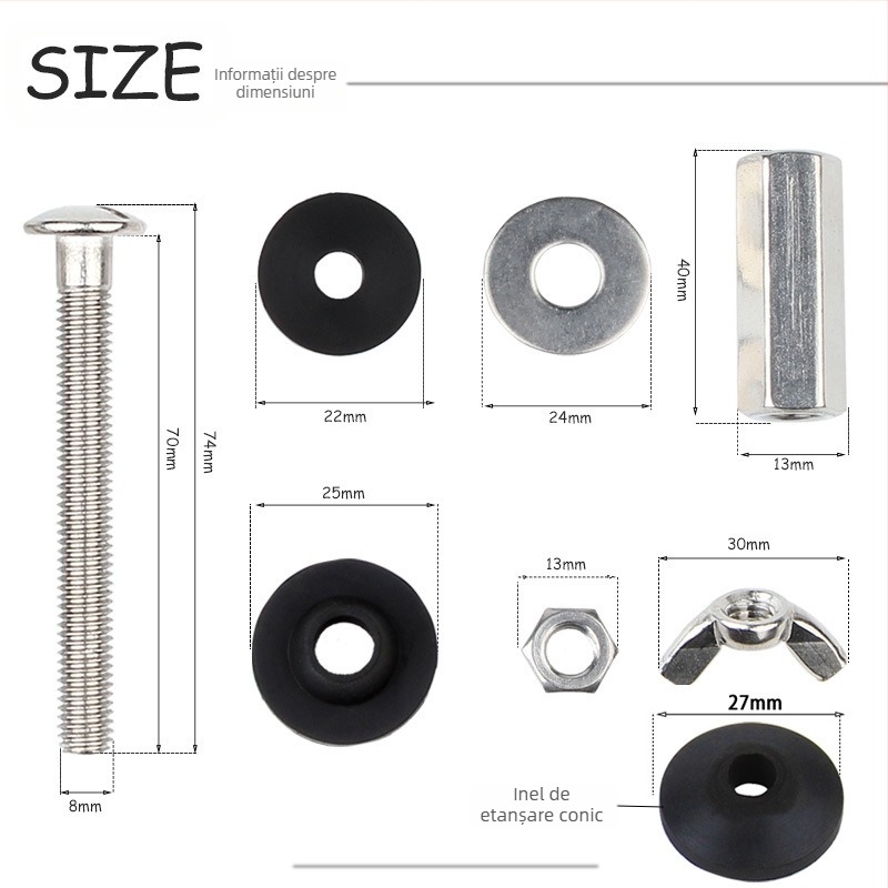Șurub de conectare a rezervorului de toaletă cu garnitură din cauciuc – oțel inoxidabil 304, montaj manual