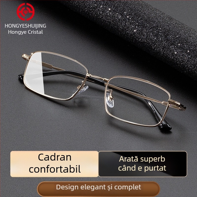 Ochelari presbiopie cu lentile din cristal, ramă metalică cu memorie, ramă completă, ușori, formă pătrată pentru citit