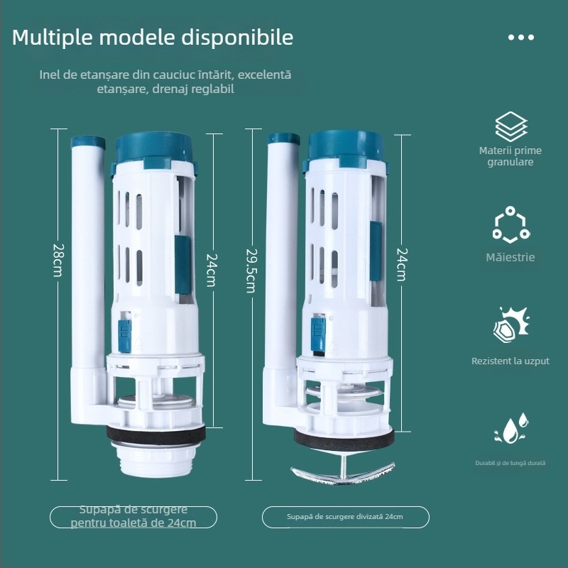 Accesorii rezervor toaletă – valve evacuare și alimentare, tip apăsare, turnate prin injecție PP/ABS, Rain West