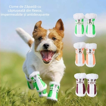 Botine de zăpadă pentru câini, cu guler înalt și imprimeu de labă, casual și moderne, pentru câini mici și de talie medie, PU material, antiderapante, calde, rezistente la uzură