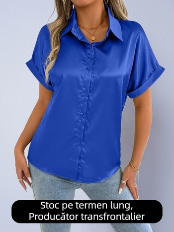 Cămașă satin pentru femei, mâneci scurte, croială lejeră, guler de cămașă, stil elegant de birou pentru toamnă