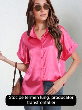 Cămașă satinată cu mâneci scurte, croială lejeră, guler de cămașă și nasturi, 95% poliester