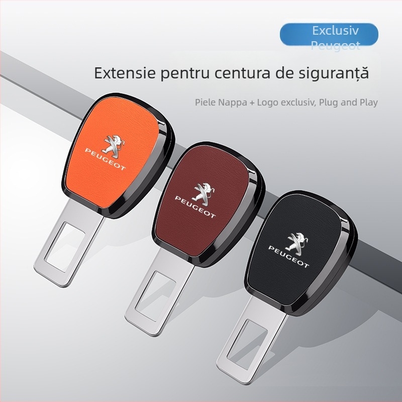 Chebufang Cuplă/extensie de centură de siguranță pentru Peugeot, ABS electroplating + piele, compatibilă cu 308/408/508/2008/4008/5008, imprimare logo disponibil