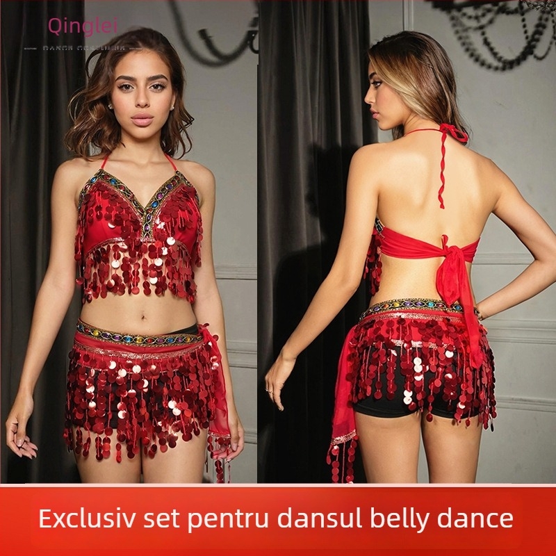 Costum sexy de dans al burții cu paiete, bustier înfășurat, lanț de talie cu ciucuri și fustă cu franjuri pentru reprezentație — Primăvara 2025, poliester, conținut poliester 80–90%, tăiere manuală