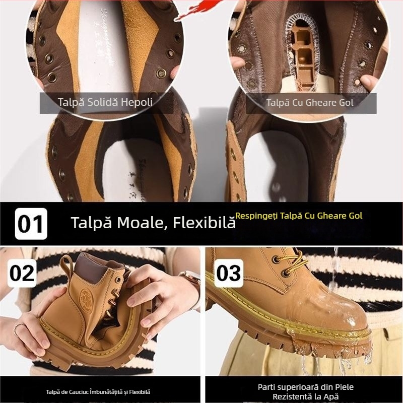 Botine Martin din velur natural de vițel, talpă din cauciuc vulcanizat, impermeabile, guler scurt