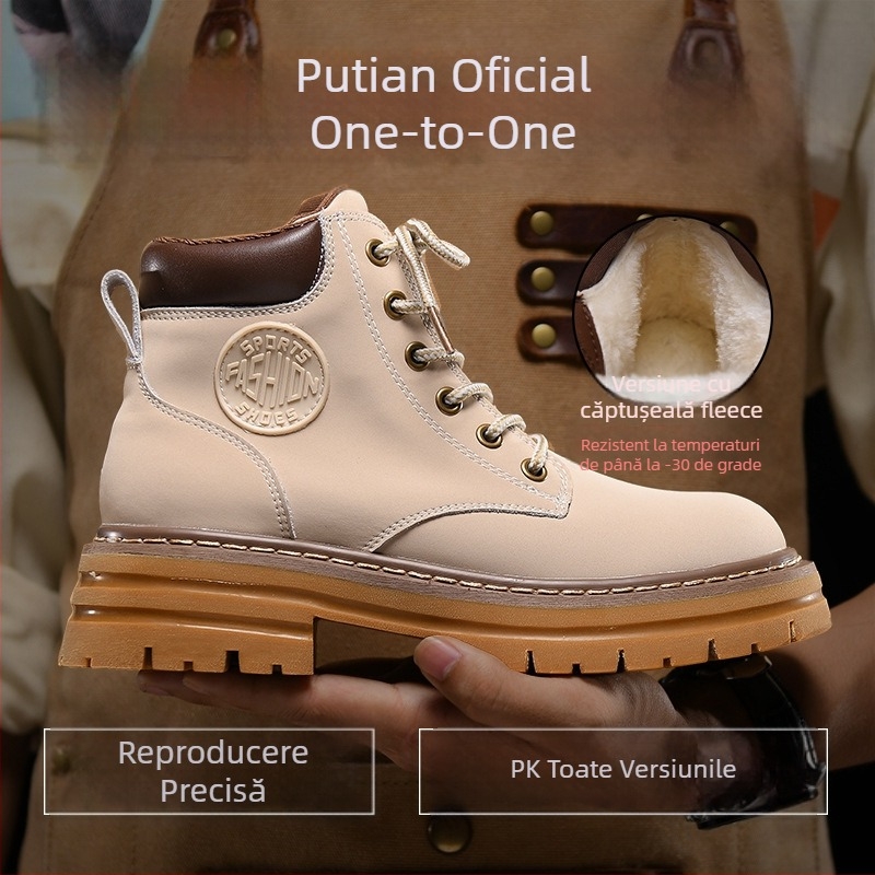 Botine Martin din velur natural de vițel, talpă din cauciuc vulcanizat, impermeabile, guler scurt