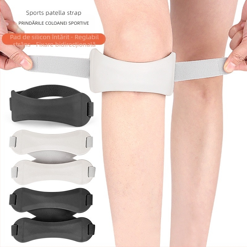 Protecție pentru genunchi cu bandă siliconată pentru patelă, reglaj bidirecțional; material poliester; opțiuni: patela simplă sau dublă; potrivit pentru adulți; pentru alergare, baschet și badminton