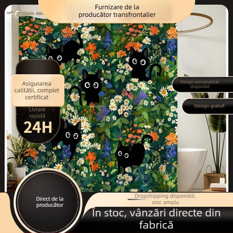 Cortină de duș boemă, stil modern, cu pisică și flori