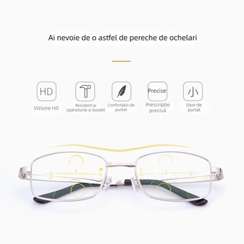 Ochelari de lectură cu protecție împotriva luminii albastre, multifocali, dual-use pentru distanță și aproape, ramă metalică cu cadru complet