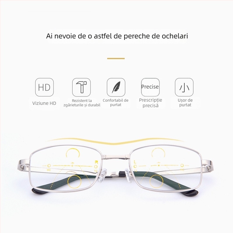 Ochelari de lectură cu protecție împotriva luminii albastre, multifocali, dual-use pentru distanță și aproape, ramă metalică cu cadru complet