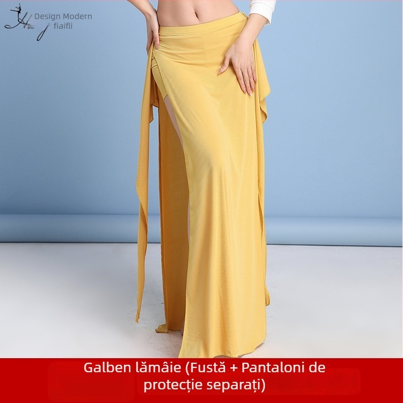 Rochie de practică pentru belly dance, cu fustă lungă și deschidere, pentru începători, din spandex și brocart imitatie