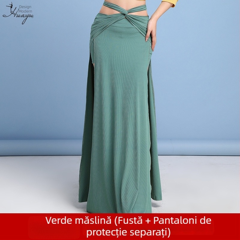 Rochie de practică pentru belly dance, cu fustă lungă și deschidere, pentru începători, din spandex și brocart imitatie