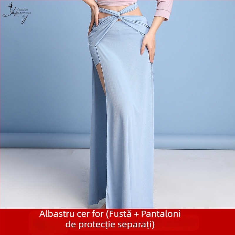 Rochie de practică pentru belly dance, cu fustă lungă și deschidere, pentru începători, din spandex și brocart imitatie