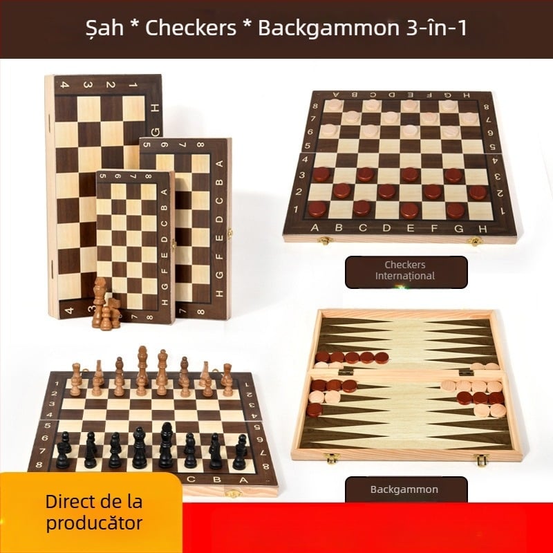 Joc de masă din lemn 3-în-1 pliabil: șah, backgammon și dame, educațional puzzle