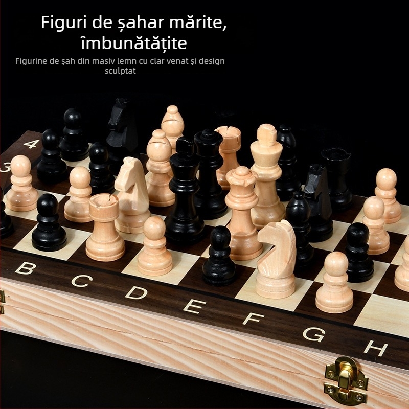 Joc de masă din lemn 3-în-1 pliabil: șah, backgammon și dame, educațional puzzle