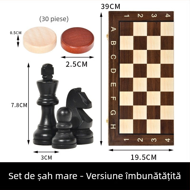 Joc de masă din lemn 3-în-1 pliabil: șah, backgammon și dame, educațional puzzle