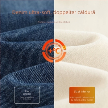 Pantaloni din denim cu croială largă, căptuți cu fleece, talie înaltă, țesătură groasă; amestec denim cu bumbac și poliester