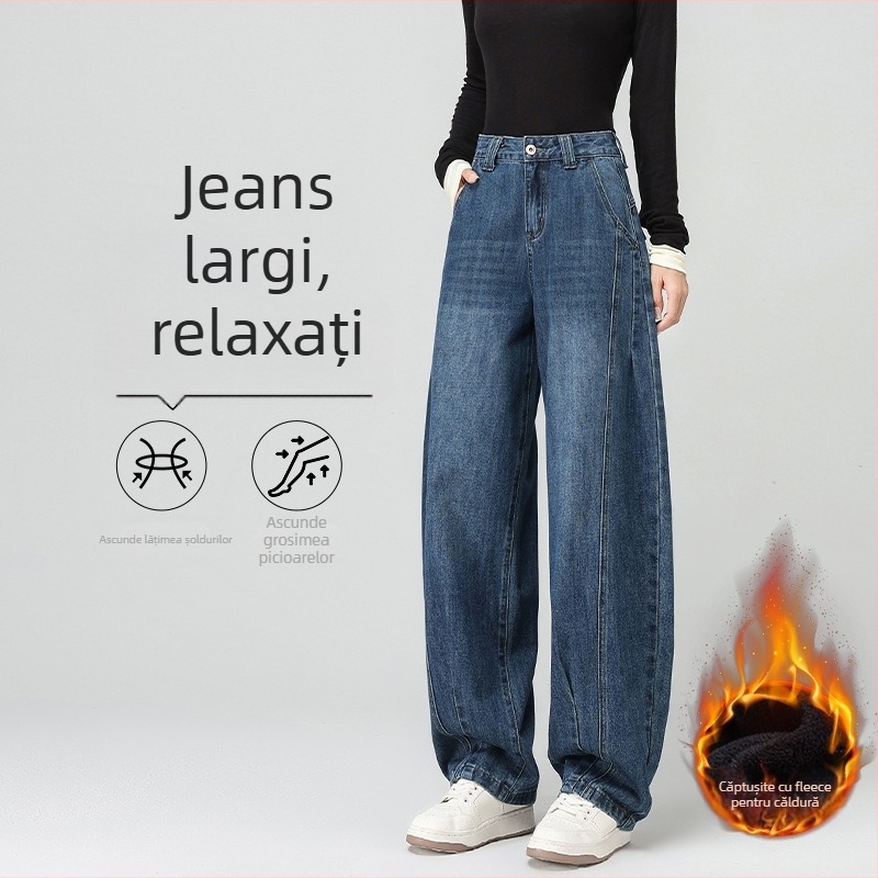 Pantaloni din denim cu croială largă, căptuți cu fleece, talie înaltă, țesătură groasă; amestec denim cu bumbac și poliester