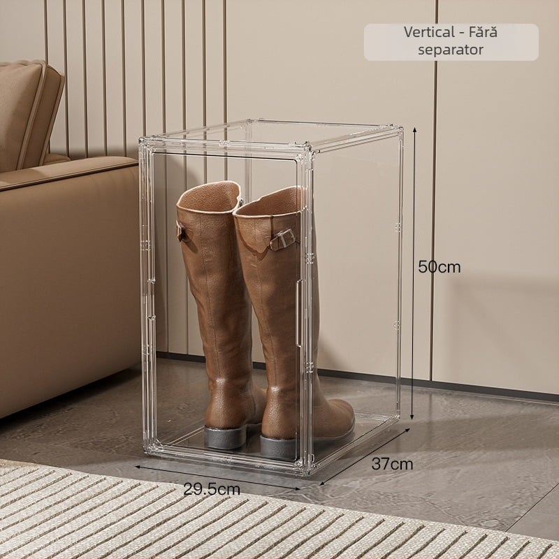 Cutie depozitare pantofi pentru cizme lungi, 45L, PET, complet transparentă, cu divizii, rezistentă la praf