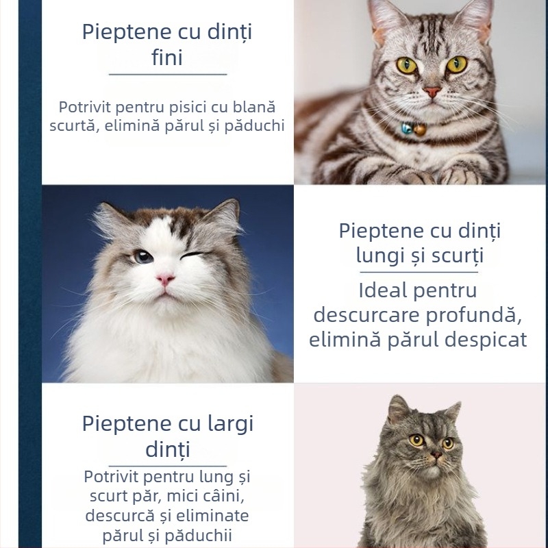 Pieptene pentru îngrijire feline, cu dinți fini pentru descurcare și îndepărtarea părului liber – instrument din oțel pentru îngrijirea blănii pisicilor cu păr lung