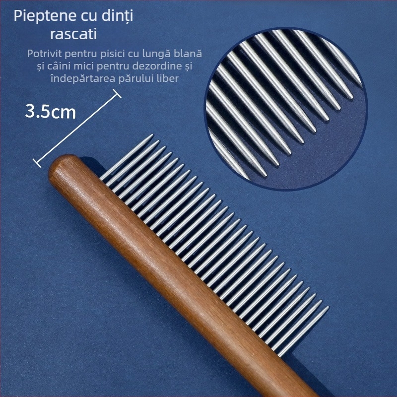 Pieptene pentru îngrijire feline, cu dinți fini pentru descurcare și îndepărtarea părului liber – instrument din oțel pentru îngrijirea blănii pisicilor cu păr lung