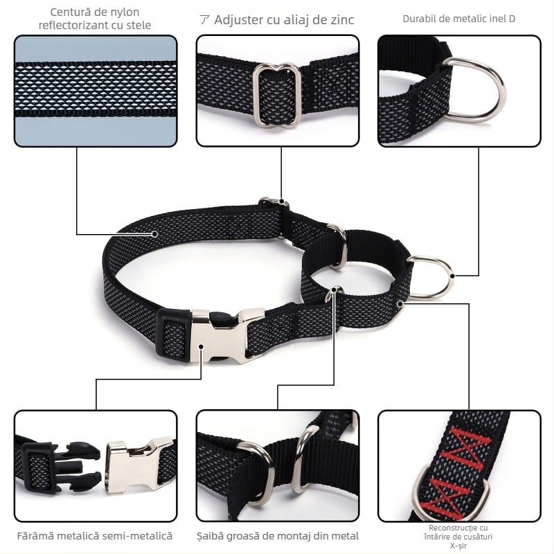 Lesă pentru câini Martingale din nylon cu stea reflectorizantă și nume gravat