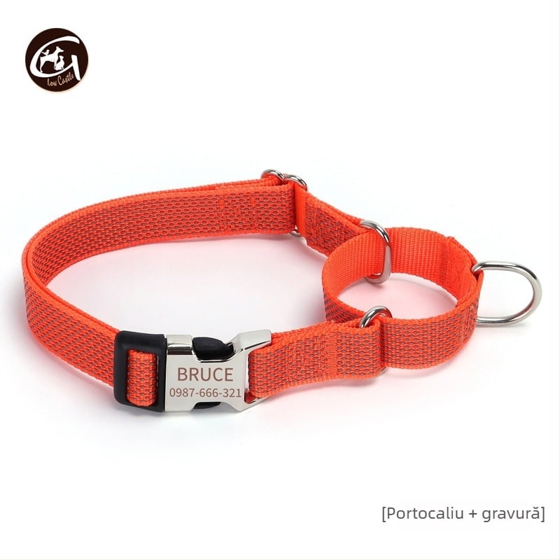 Lesă pentru câini Martingale din nylon cu stea reflectorizantă și nume gravat