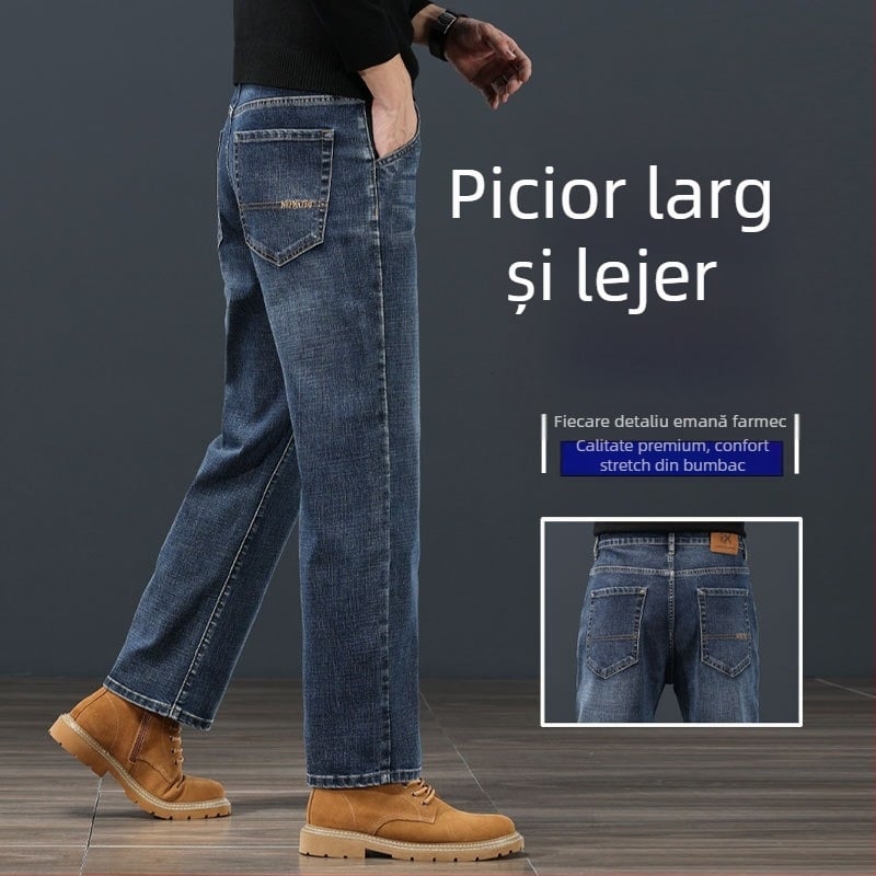 Blugi bărbătești în croială dreaptă, talie medie, închidere cu fermoar, căptușeală de catifea