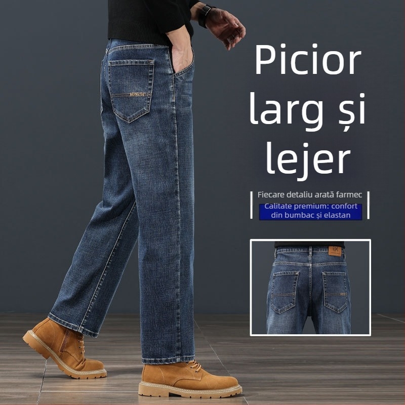 Blugi bărbătești în croială dreaptă, talie medie, închidere cu fermoar, căptușeală de catifea