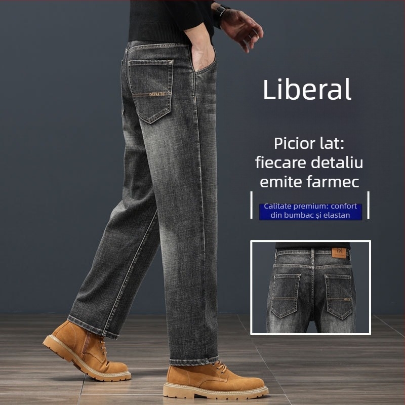 Blugi bărbătești în croială dreaptă, talie medie, închidere cu fermoar, căptușeală de catifea