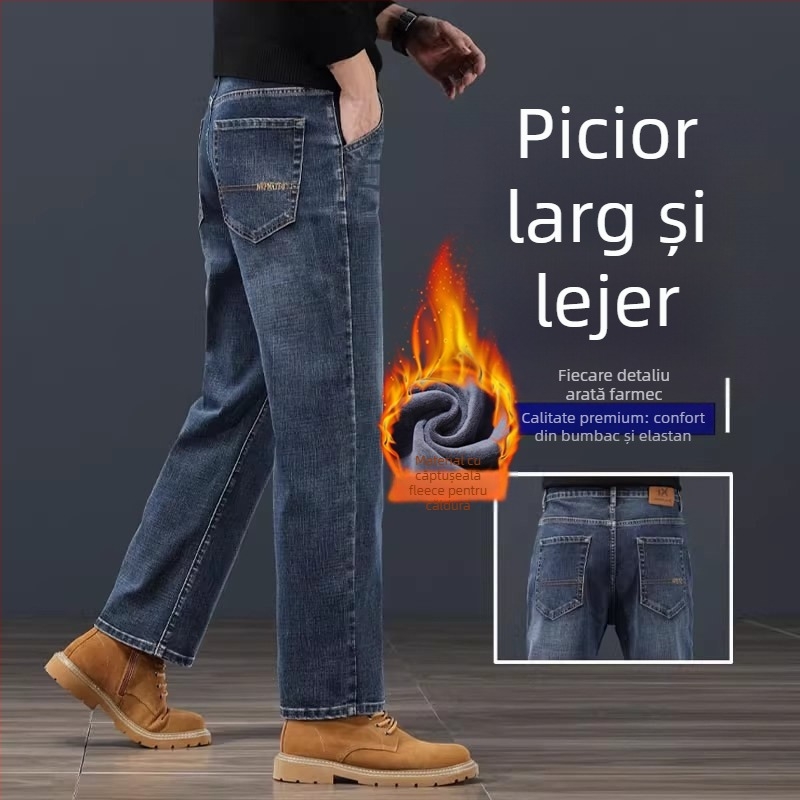 Blugi bărbătești în croială dreaptă, talie medie, închidere cu fermoar, căptușeală de catifea