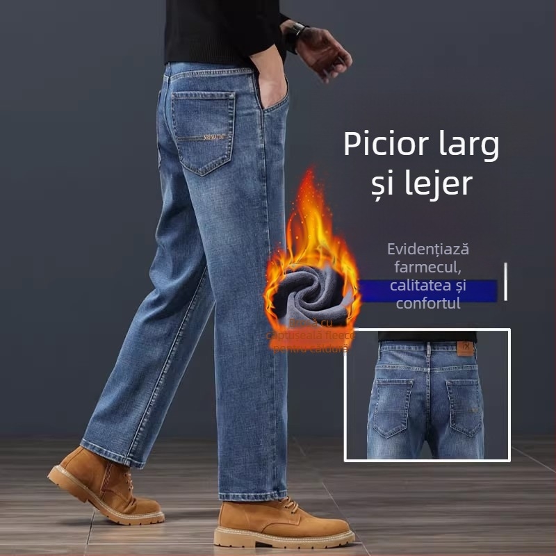 Blugi bărbătești în croială dreaptă, talie medie, închidere cu fermoar, căptușeală de catifea